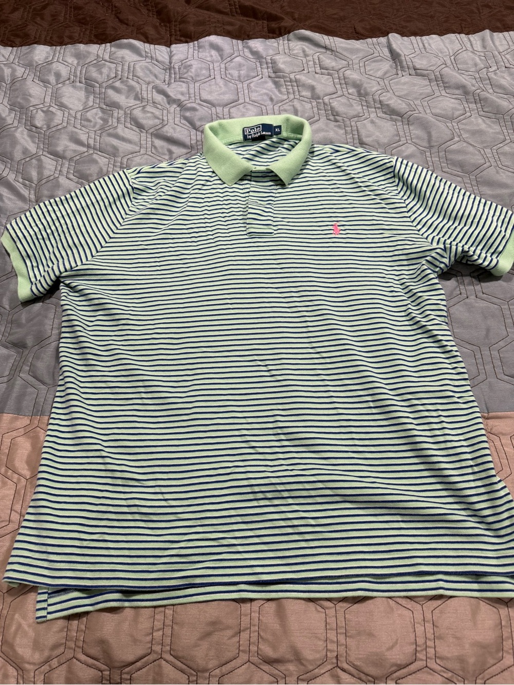 Two Vintage Polo Ralph Lauren Mens Size XL Green Blue Striped Polo Shirts